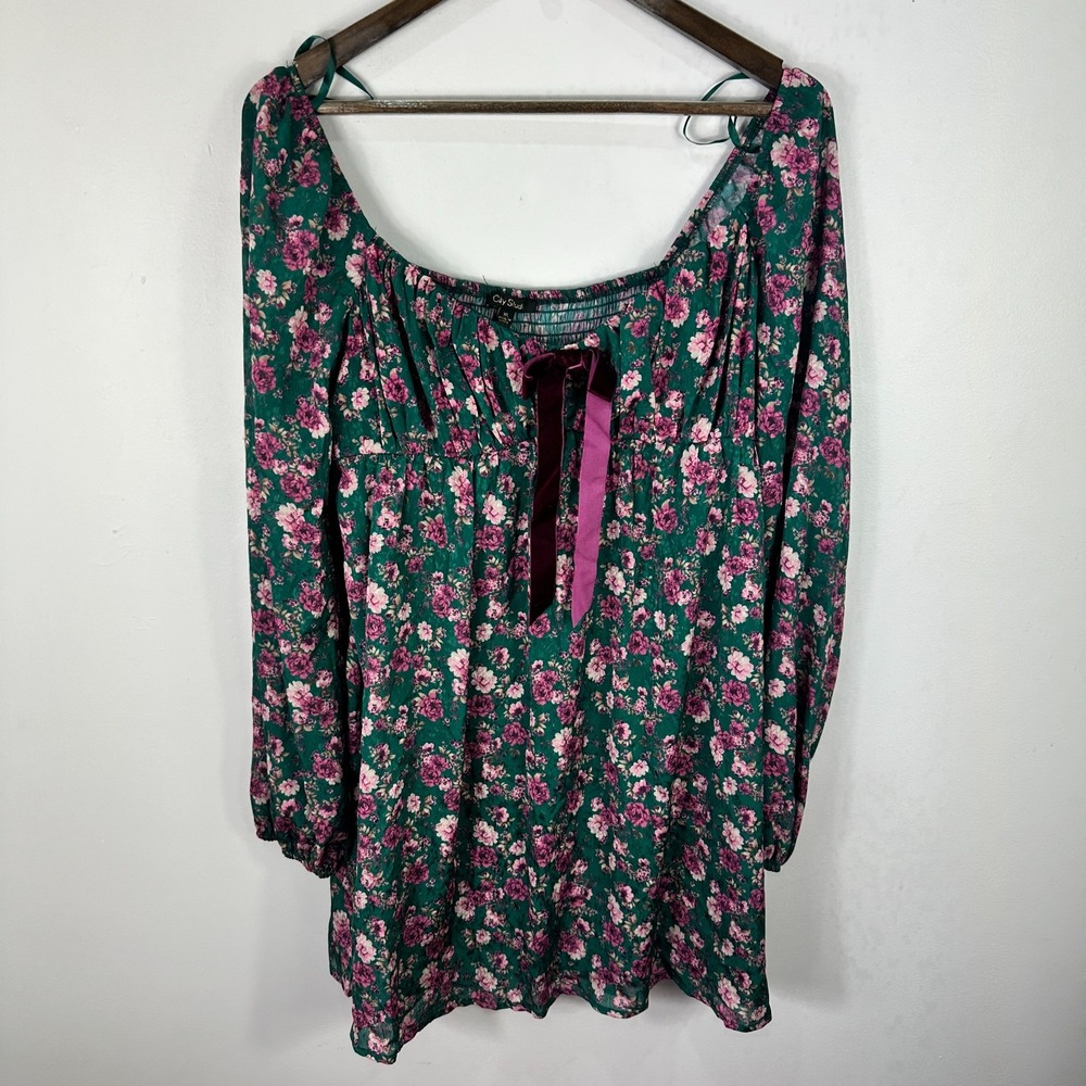 City Studio XL Green Floral Bow Mini Dress Cottagecore Romantic Boho Coquette